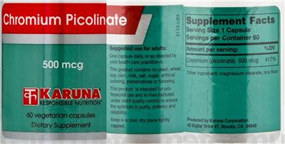 Photo of the Karuna Chromium Picolinate 500 mcg label