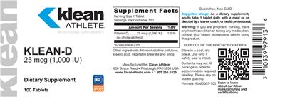 Photo of the Klean Athlete Klean-D 25 mcg (1,000 IU) label