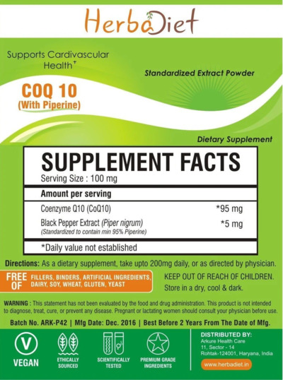 Photo of the Herbadiet CoQ 10 (with Piperine) label