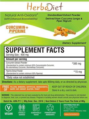 Photo of the Herbadiet Curcumin + Piperine label