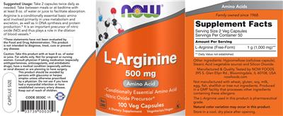 Photo of the NOW L-Arginine 500 mg label