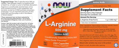 Photo of the NOW L-Arginine 500 mg label