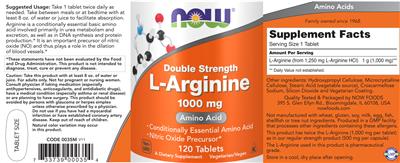 Photo of the NOW Double Strength L-Arginine 1000 mg label
