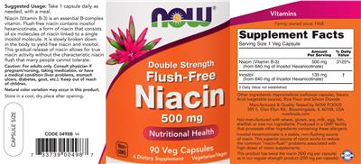 Photo of the NOW Double Strength Flush-Free Niacin 500 mg label