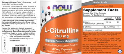 Photo of the NOW L-Citrulline 750 mg label