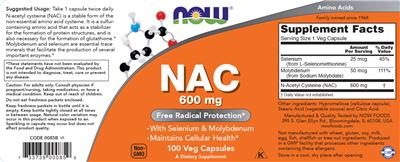 Photo of the NOW NAC 600 mg label