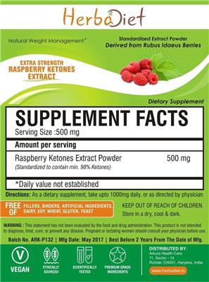 Photo of the Herbadiet Extra Strength Raspberry Ketones Extract label