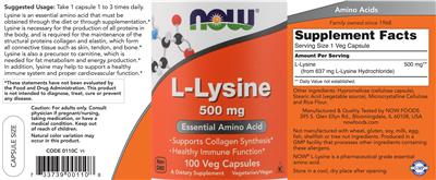 Photo of the NOW L-Lysine 500 mg label