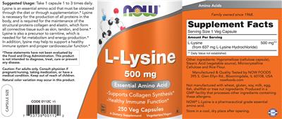 Photo of the NOW L-Lysine 500 mg label