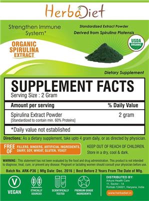 Product label for Organic Spirulina Extract