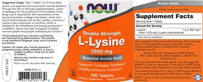 Photo of the NOW Double Strength L-Lysine 1000 mg label
