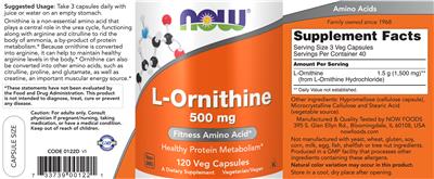 Photo of the NOW L-Ornithine 500 mg label