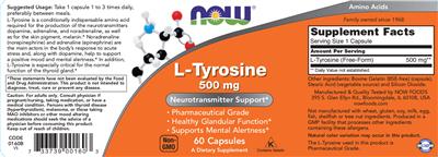 Photo of the NOW L-Tyrosine 500 mg label
