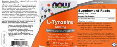 Photo of the NOW L-Tyrosine 500 mg label