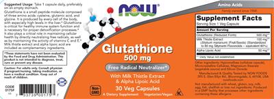 Photo of the NOW Glutathione 500 mg label