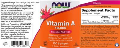 Photo of the NOW Vitamin A 10,000 IU label