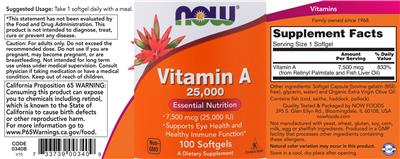 Photo of the NOW Vitamin A 25,000 IU label