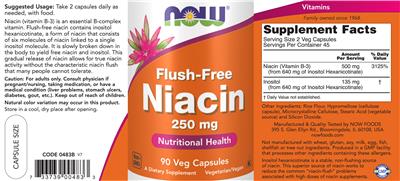 Photo of the NOW Flush-Free Niacin 250 mg label