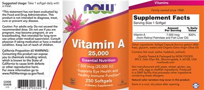Photo of the NOW Vitamin A 25,000 IU label
