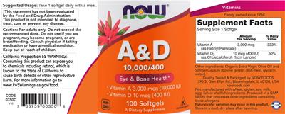 Photo of the NOW A&D 10,000 IU/400 IU label
