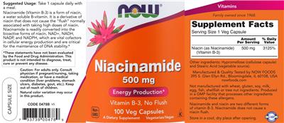Photo of the NOW Niacinamide 500 mg label