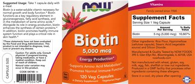 Photo of the NOW Biotin 5,000 mcg label