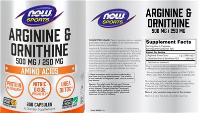 Photo of the NOW Sports Arginine & Ornithine 500 mg / 250 mg label
