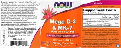 Photo of the NOW Mega D-3 5000 IU & MK-7 180 mcg label