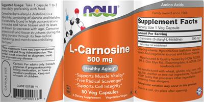 Photo of the NOW L-Carnosine 500 mg label
