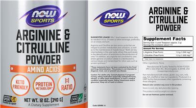 Photo of the NOW Sports Arginine & Citrulline Powder label