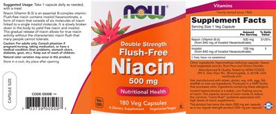 Photo of the NOW Double Strength Flush-Free Niacin 500 mg label