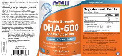 Photo of the NOW Double Strength DHA-500 label