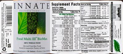Photo of the Innate Response Formulas Food Multi III BioMax label