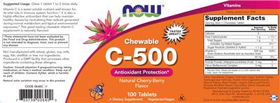 Photo of the NOW Chewable C-500 Natural Cherry-Berry Flavor label