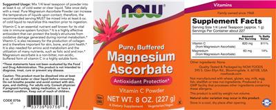 Photo of the NOW Pure, Buffered Magnesium Ascorbate label