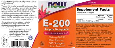 Photo of the NOW E-200 d-alpha Tocopheryl label