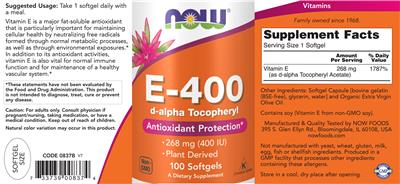 Photo of the NOW E-400 d-alpha Tocopheryl label
