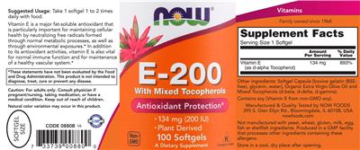 Photo of the NOW E-200 With Mixed Tocopherols label