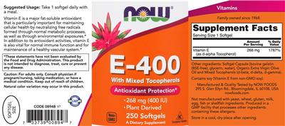 Photo of the NOW E-400 With Mixed Tocopherols label