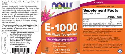 Photo of the NOW E-1000 with Mixed Tocopherols label