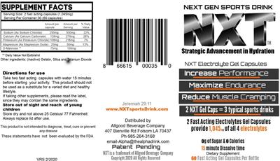Photo of the NXT Next Gen Sports Drink NXT Electrolyte Gel Capsules label