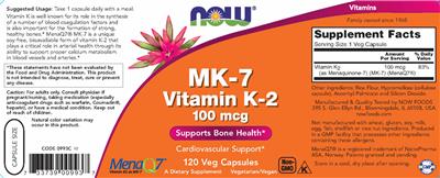 Photo of the NOW MK-7 Vitamin K-2 100 mcg label