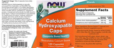 Photo of the NOW Calcium Hydroxyapatite Caps label