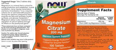 Photo of the NOW Magnesium Citrate 200 mg label