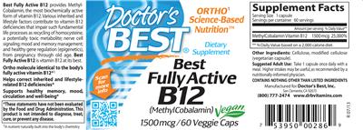 Photo of the Doctor's Best Best Fully Active B12 (MethylCobalamin) label