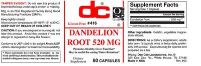 Photo of the DC Dandelion Root 520 mg label