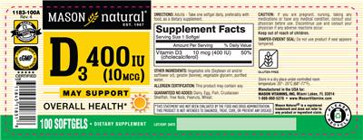 Photo of the Mason Natural D3 400 IU (10 mcg) label