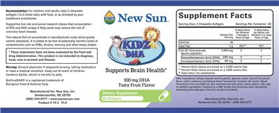 Photo of the New Sun Kidz DHA 100 mg Tasty Fruit Flavor label