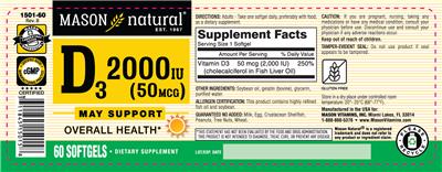 Photo of the Mason Natural D3 2000 IU (50 mcg) label
