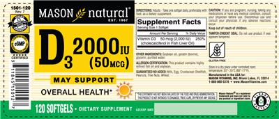 Photo of the Mason Natural D3 2000 IU (50 mcg) label